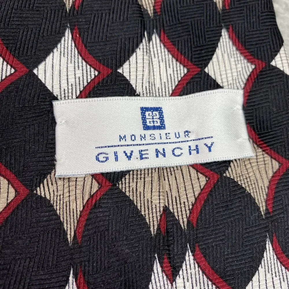 Vintage Givenchy Monsieur‎ Tie 100% Silk Mens Black Red Geometric Italian Fabric